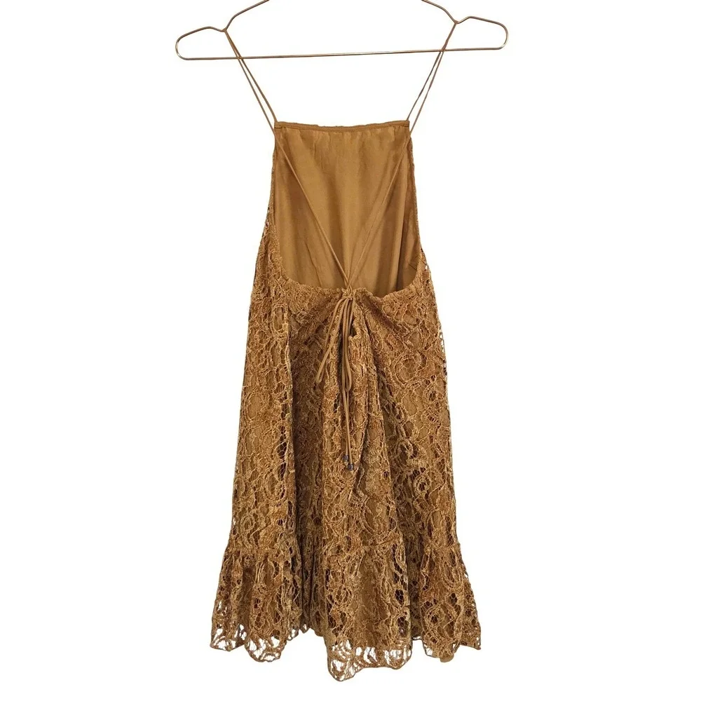 Free People Mustard Gold Lace Open Back‎ Mini Dress Ruffle Hem Womens Size XS
